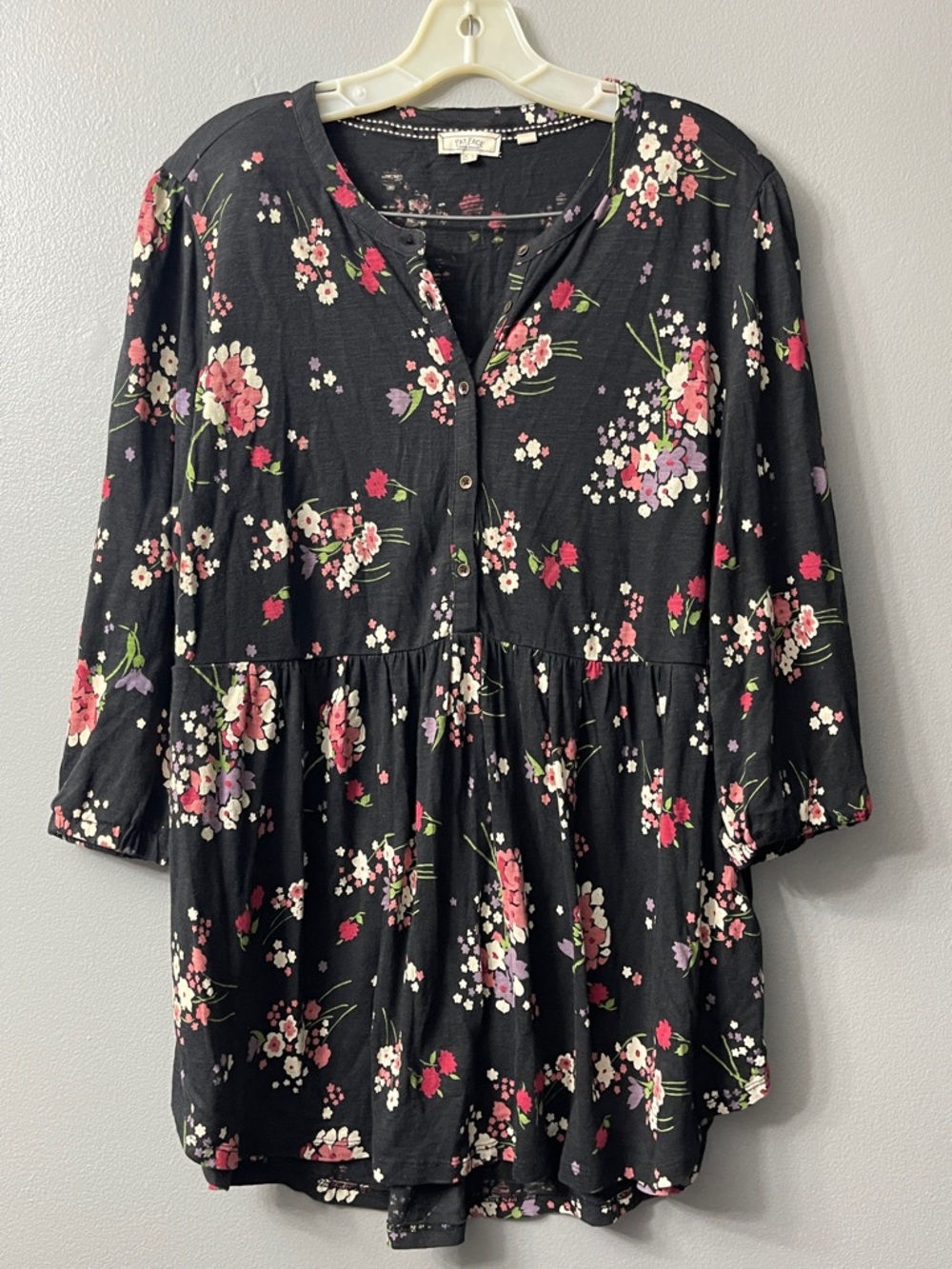 Fat Face black floral print smock tunic top v-neck three-quarter sleeves  12